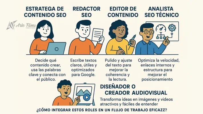 Infografía de los 5 roles del equipo SEO creada por Arte Flims
